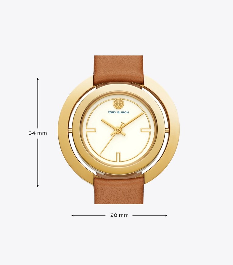 Tory Burch designer strap watches Grier Watch, Luggage Leather/Gold Tone/Ivory, 26 MM in Luggage/Gold/Ivory front