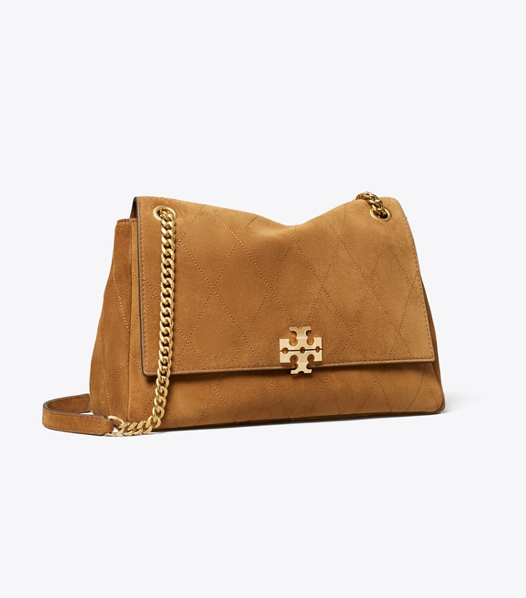 Tory Burch designer schultertaschen Große gesteppte Charlie Schultertasche aus Wildleder in Caramel angle
