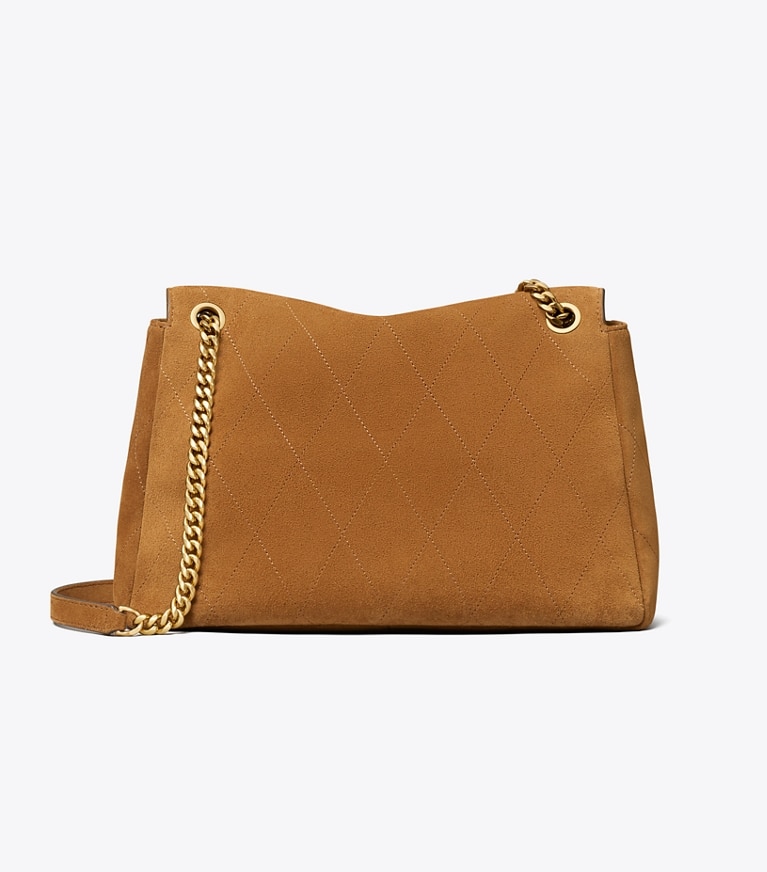 Tory Burch designer schultertaschen Große gesteppte Charlie Schultertasche aus Wildleder in Caramel zurück