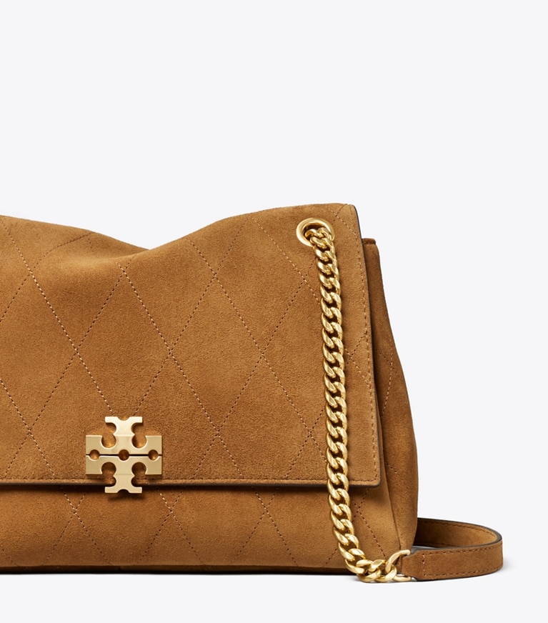Tory Burch designer schultertaschen Große gesteppte Charlie Schultertasche aus Wildleder in Caramel detail