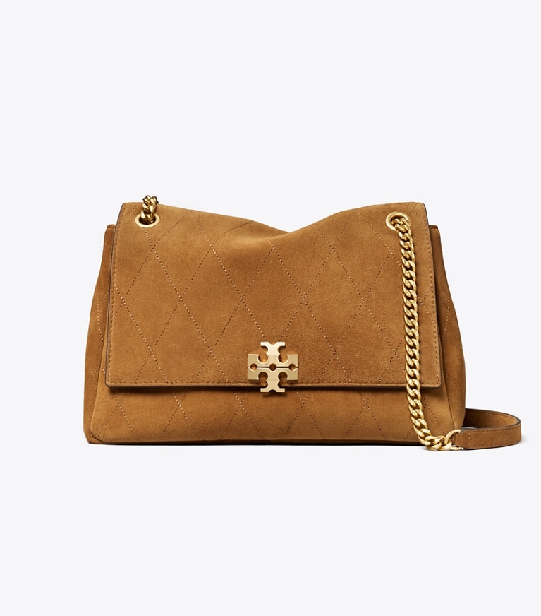Tory Burch designer schultertaschen Große gesteppte Charlie Schultertasche aus Wildleder in Caramel front
