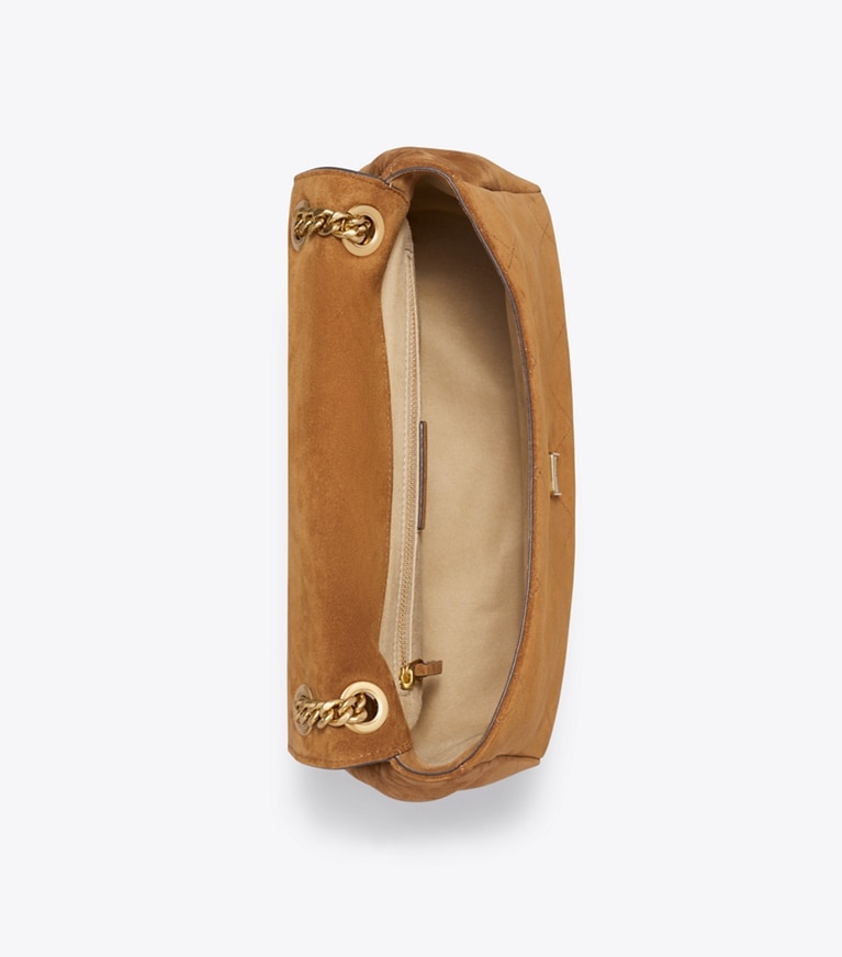 Tory Burch designer schultertaschen Große gesteppte Charlie Schultertasche aus Wildleder in Caramel von oben