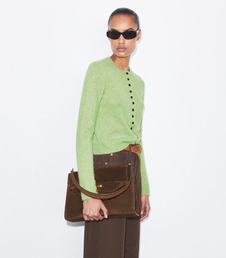 Tory Burch designer schultertaschen Große Lee Radziwill Schultertasche aus Wildleder in Dark Cocoa accessory on model