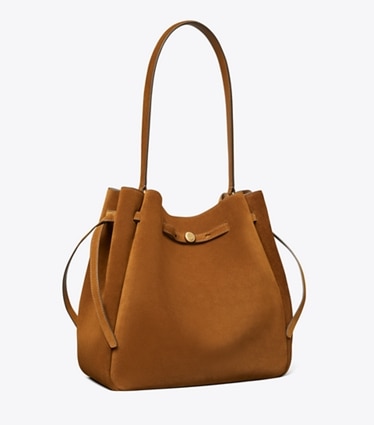 Tory Burch designer schultertaschen Große Romy Bucket Bag aus Wildleder in Caramel angle