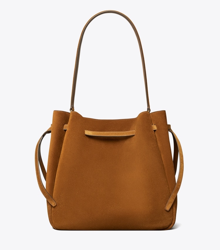 Tory Burch designer schultertaschen Große Romy Bucket Bag aus Wildleder in Caramel zurück