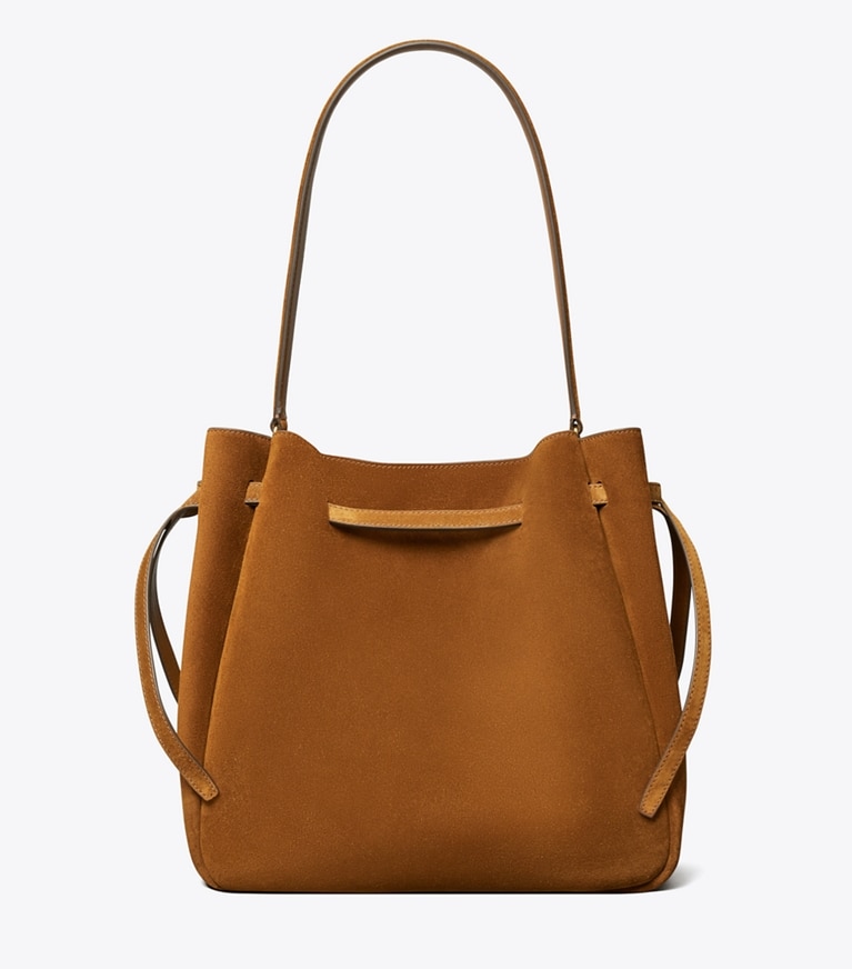 Tory Burch designer schultertaschen Große Romy Bucket Bag aus Wildleder in Caramel zurück
