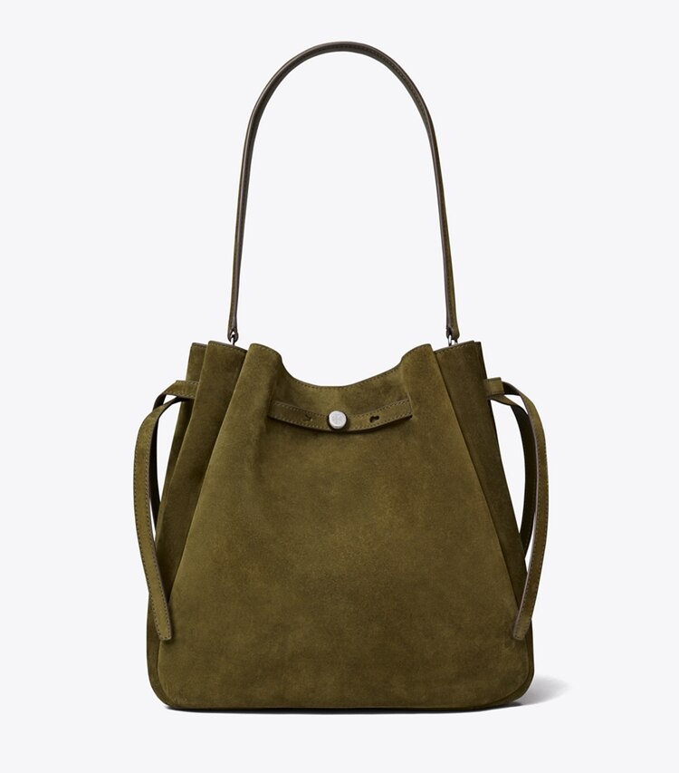 Tory Burch designer schultertaschen Große Romy Bucket Bag aus Wildleder in Dark Olive front