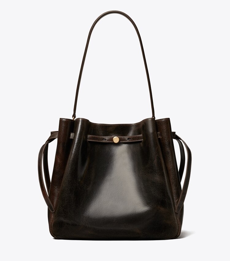 Tory Burch designer schultertaschen Große Romy Bucket Bag im Used-Look in Dark Brown front