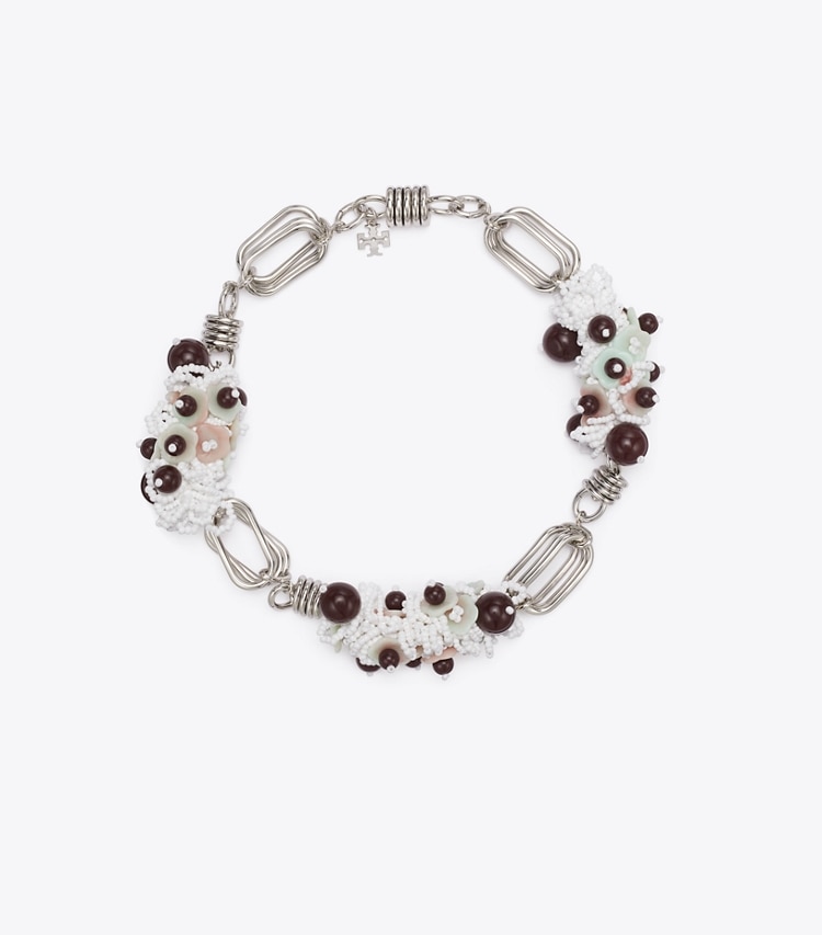 Tory Burch designer halsketten Große Runway Perlenkette in Tory Silver front