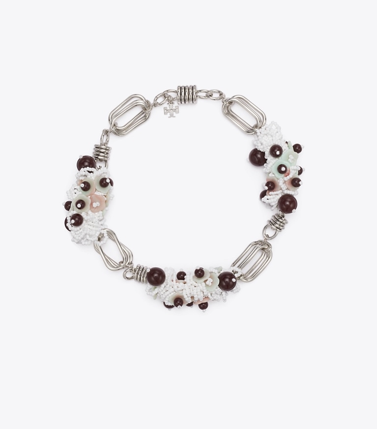 Tory Burch designer halsketten Große Runway Perlenkette in Tory Silver front