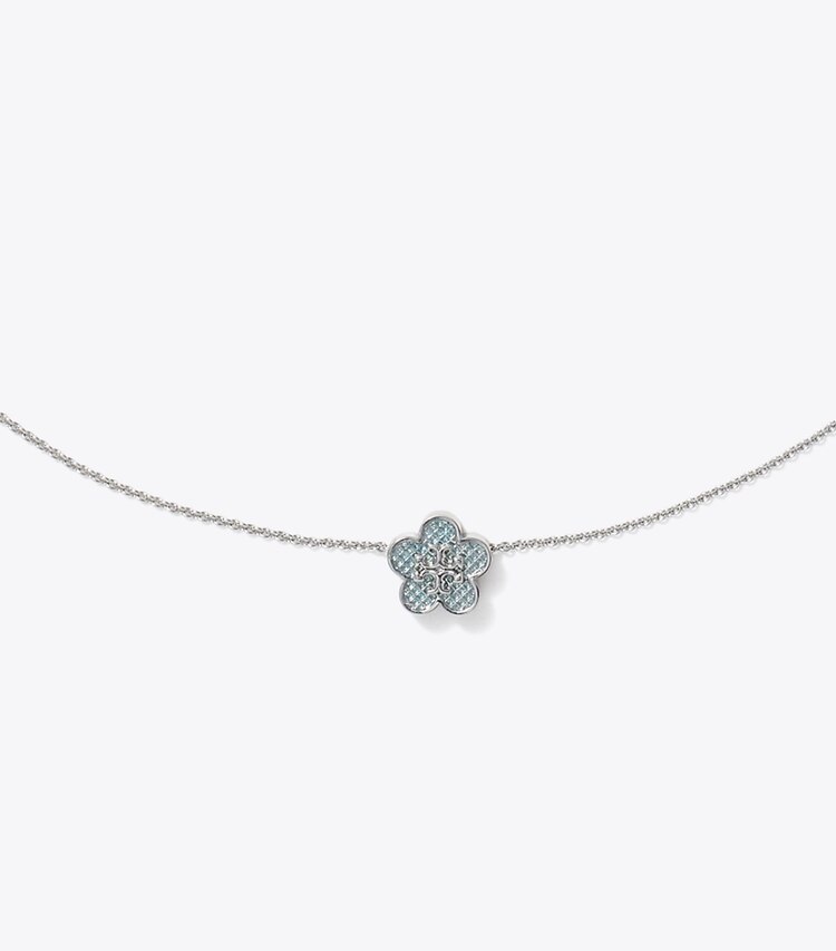 Tory Burch designer necklaces Guilloche Flower Pendant in Tory Silver / Sky detail
