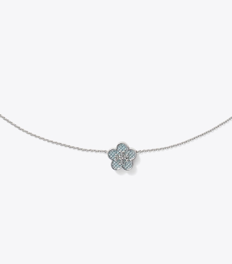 Tory Burch designer necklaces Guilloche Flower Pendant in Tory Silver / Sky front