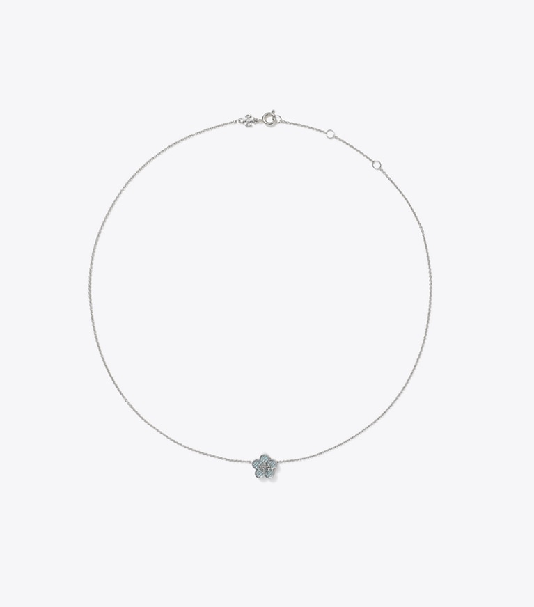 Tory Burch designer necklaces Guilloche Flower Pendant in Tory Silver / Sky front