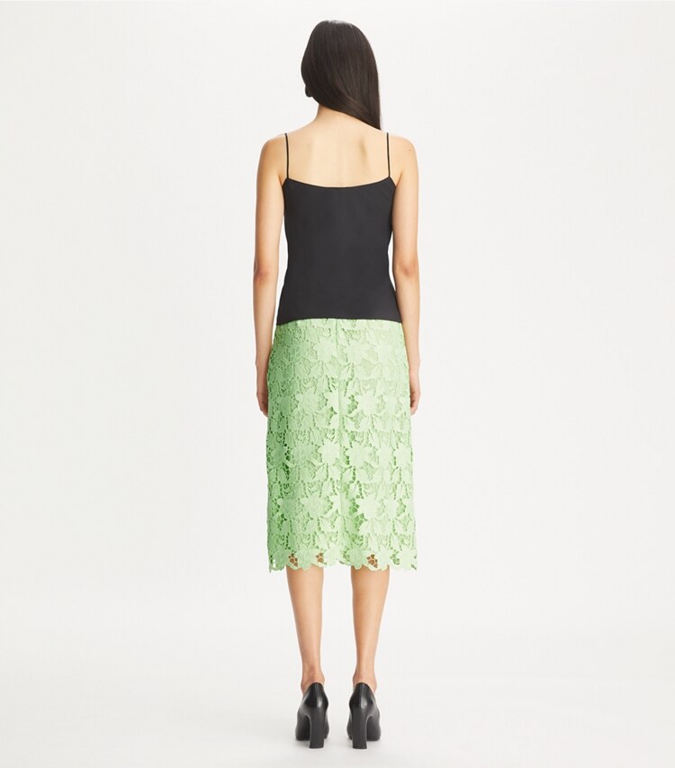 Tory Burch designer bottoms Guipure Lace Skirt in Minted Green on model back