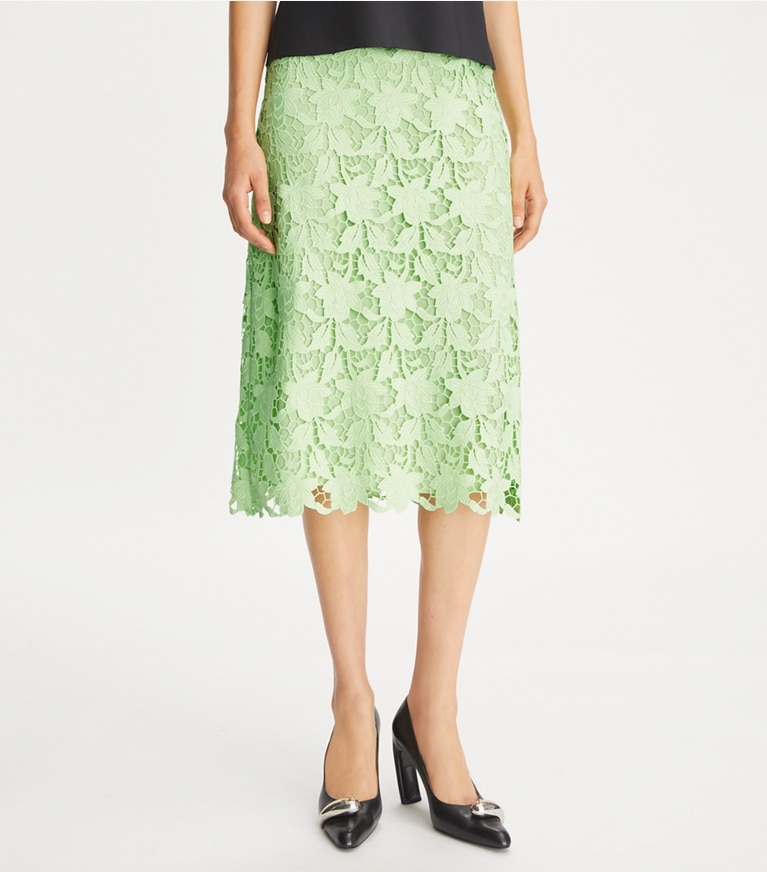 Tory Burch designer bottoms Guipure Lace Skirt in Minted Green front