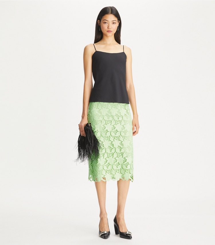 Tory Burch designer bottoms Guipure Lace Skirt in Minted Green on model front