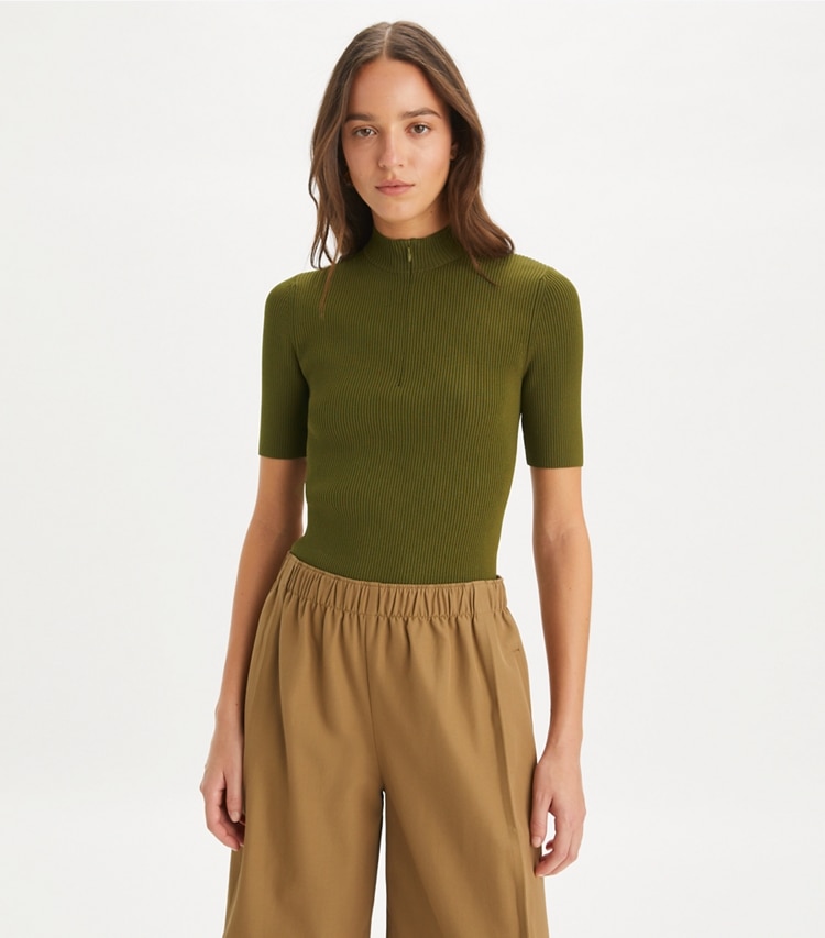 Tory Burch designer sweaters Half-Zip Crewneck Sweater in Dark Oliva on model detail