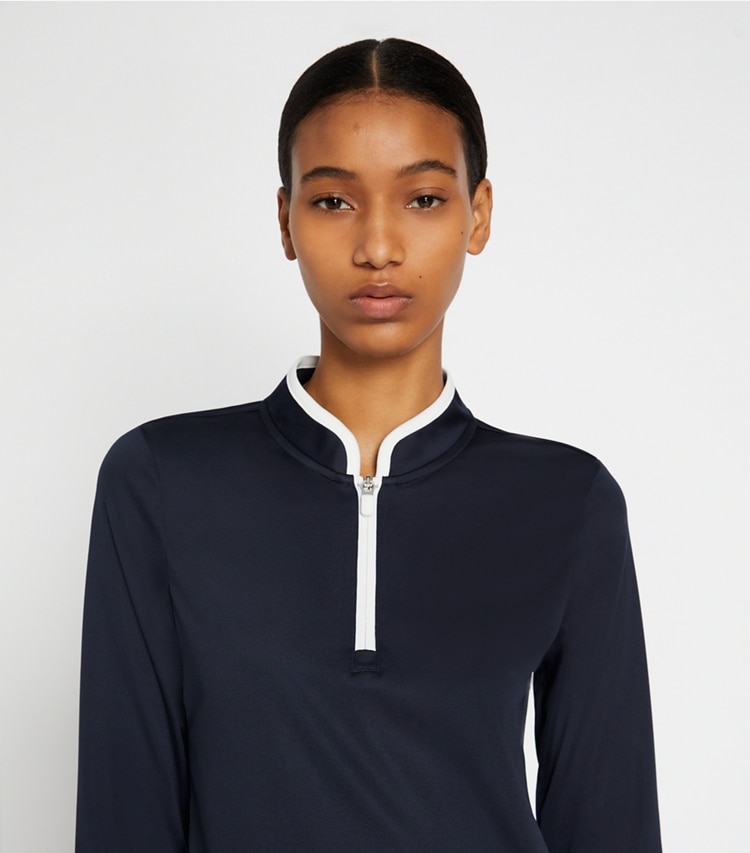Tory Sport designer tops Half-Zip Performance Pullover in Tory Navy on model detail