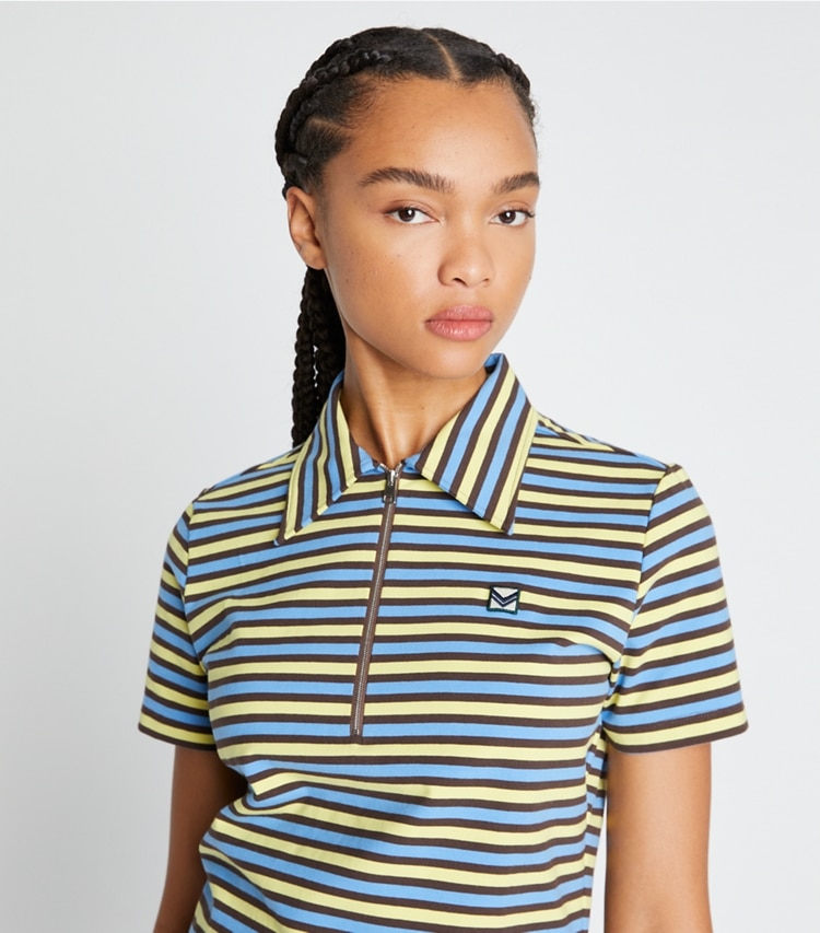 Tory Sport designer tops Half-Zip Polo in Horizon Stripe on model detail