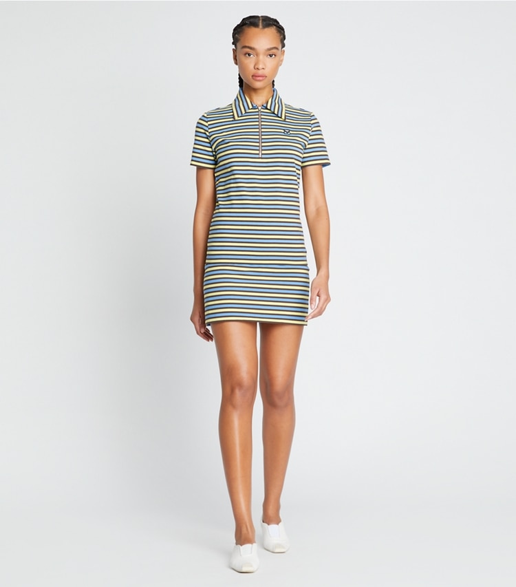 Tory Sport designer tops Half-Zip Polo in Horizon Stripe on model front