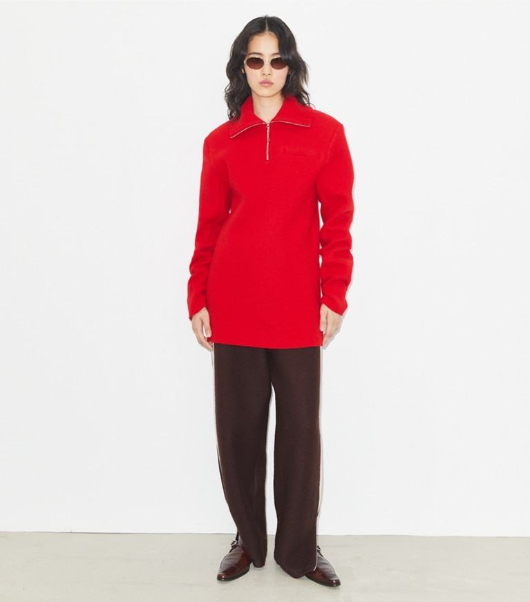 Tory Burch designer tops Half-Zip Wool Sweatshirt in Royal Red front