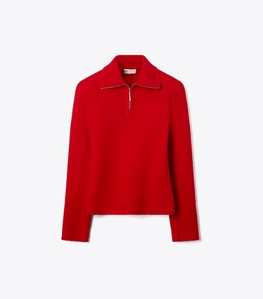 Tory Burch designer tops Half-Zip Wool Sweatshirt in Royal Red front