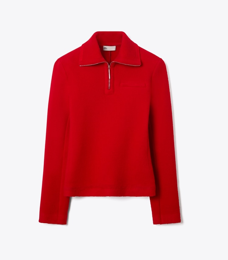Tory Burch designer tops Half-Zip Wool Sweatshirt in Royal Red front