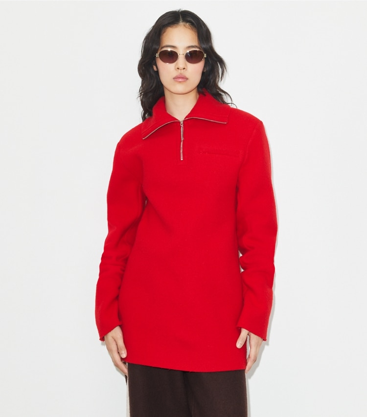 Tory Burch designer tops Half-Zip Wool Sweatshirt in Royal Red on model detail