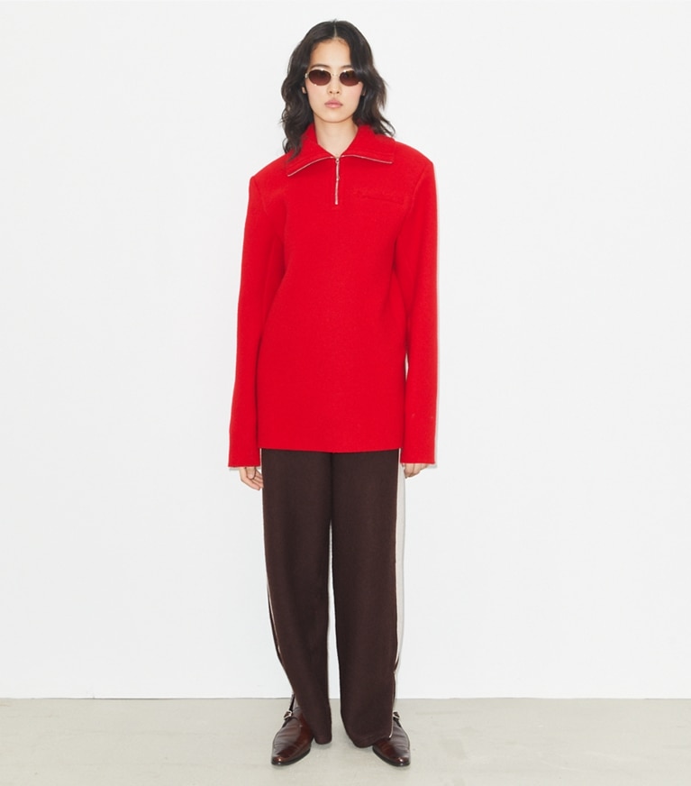 Tory Burch designer tops Half-Zip Wool Sweatshirt in Royal Red front