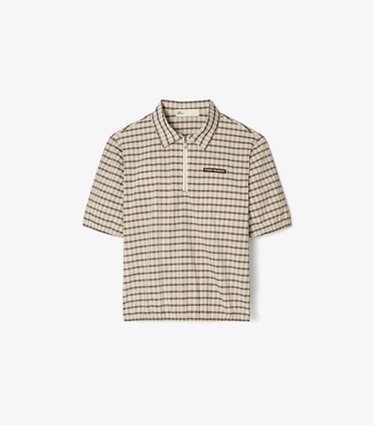 Tory Burch designer tops Half-Zip Yarn-Dye Polo in Ivory / Black Plaid front