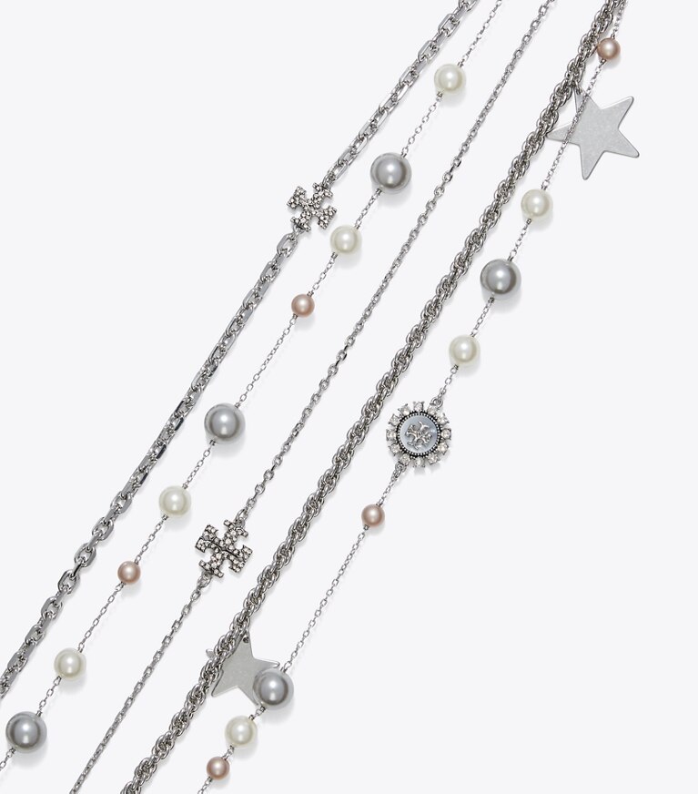 Tory Burch designer halsketten Halskette mit Kristallen und Perlen in Tory Silver / Pearl / Crystal front