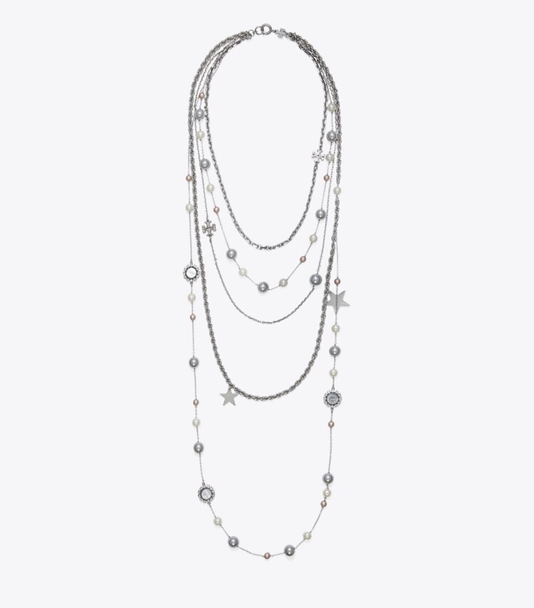 Tory Burch designer halsketten Halskette mit Kristallen und Perlen in Tory Silver / Pearl / Crystal front