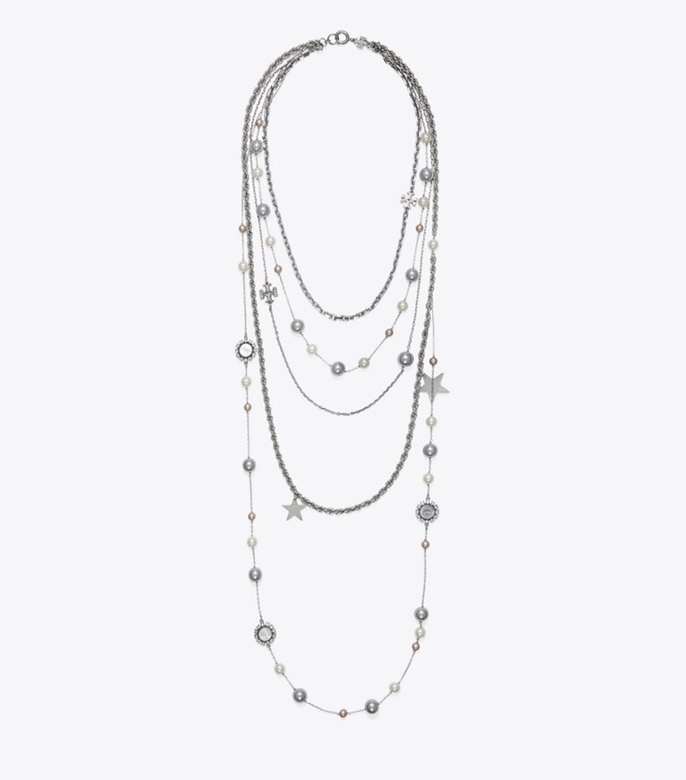 Tory Burch designer halsketten Halskette mit Kristallen und Perlen in Tory Silver / Pearl / Crystal front