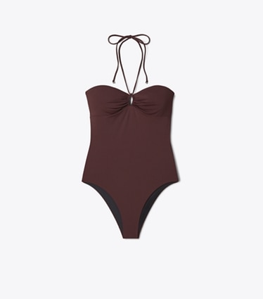 Tory Burch designer one pieces Halter Swimsuit in Merlot front