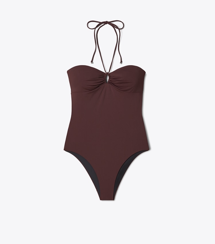 Tory Burch designer one pieces Halter Swimsuit in Merlot front