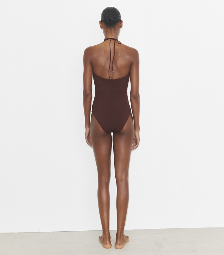 Tory Burch designer one pieces Halter Swimsuit in Merlot front