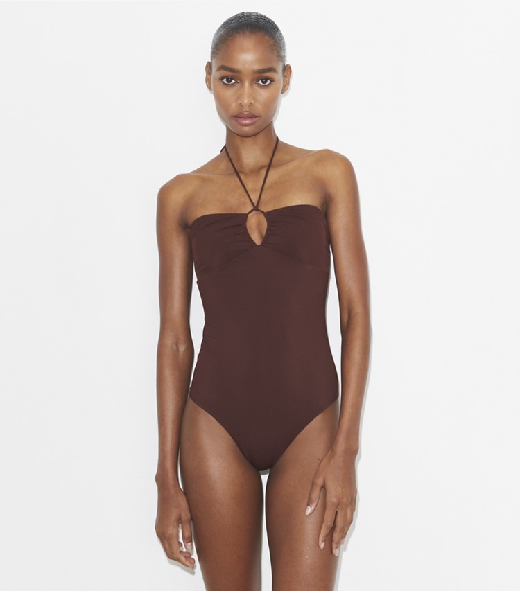 Tory Burch designer one pieces Halter Swimsuit in Merlot on model detail