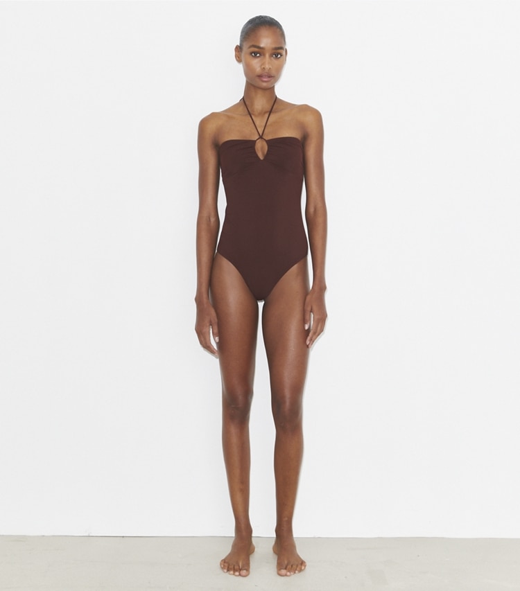 Tory Burch designer one pieces Halter Swimsuit in Merlot on model front