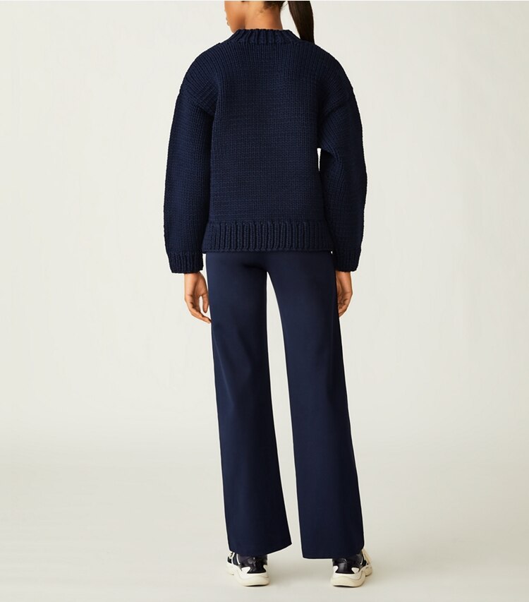 Tory Sport designer sweaters Hand-Knit Sweater in Tory Navy on model back