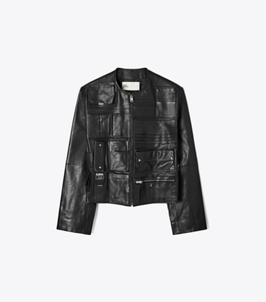 Tory Burch designer jackets Handbag Leather Jacket in Black front