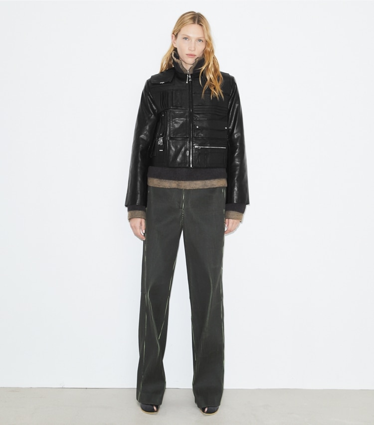 Tory Burch designer jackets Handbag Leather Jacket in Black on model front