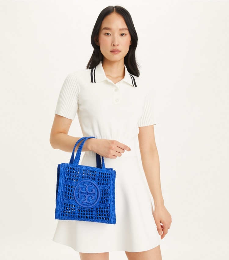 Tory Burch designer tote bags Handgehäkelte Ella Mini Tote Bag in Evening Blue accessory on model