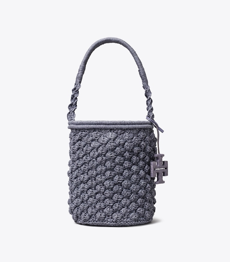 Tory Burch designer schultertaschen Handgehäkelte Ella Popcorn Bucket Bag in Gray front