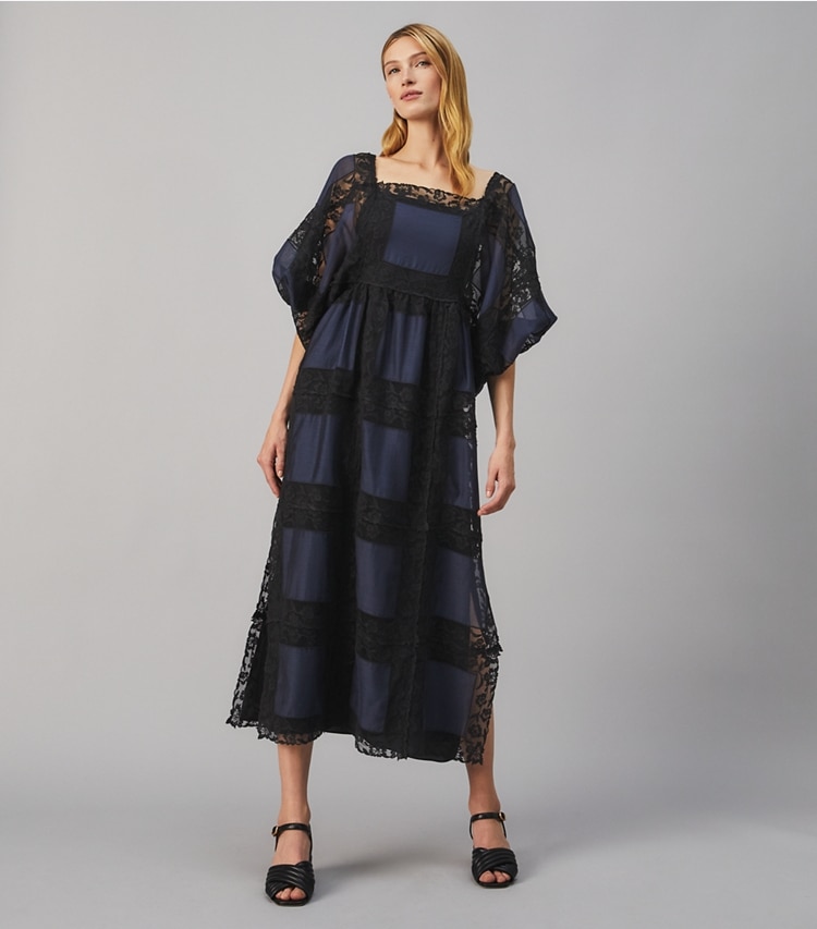 Tory Burch designer dresses Handkerchief Long Dress in Black on model front