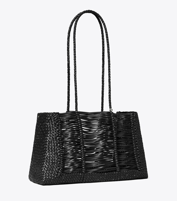 Tory Burch designer tote bags Handwoven Tote in Black angle