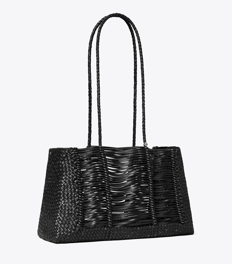 Tory Burch designer tote bags Handwoven Tote in Black angle