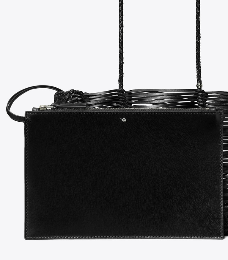 Tory Burch designer tote bags Handwoven Tote in Black angle