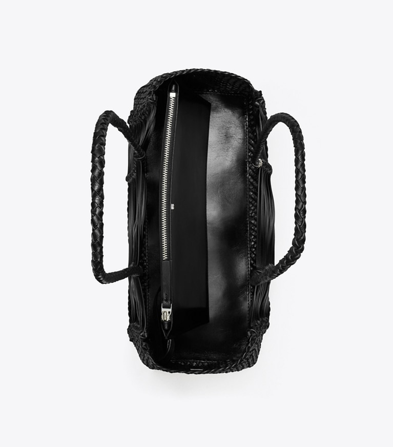 Tory Burch designer tote bags Handwoven Tote in Black angle