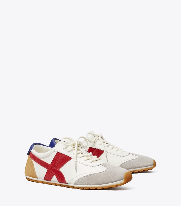 Tory Burch designer sneakers Hank Field Sneaker in CREAM / TORY RED / GRAY angle