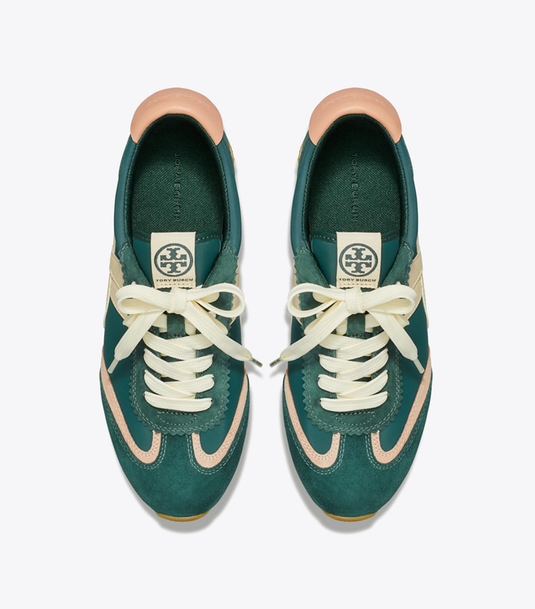 Tory Burch designer sneakers Hank Sneaker in Bottle Green / Pink Moon overhead